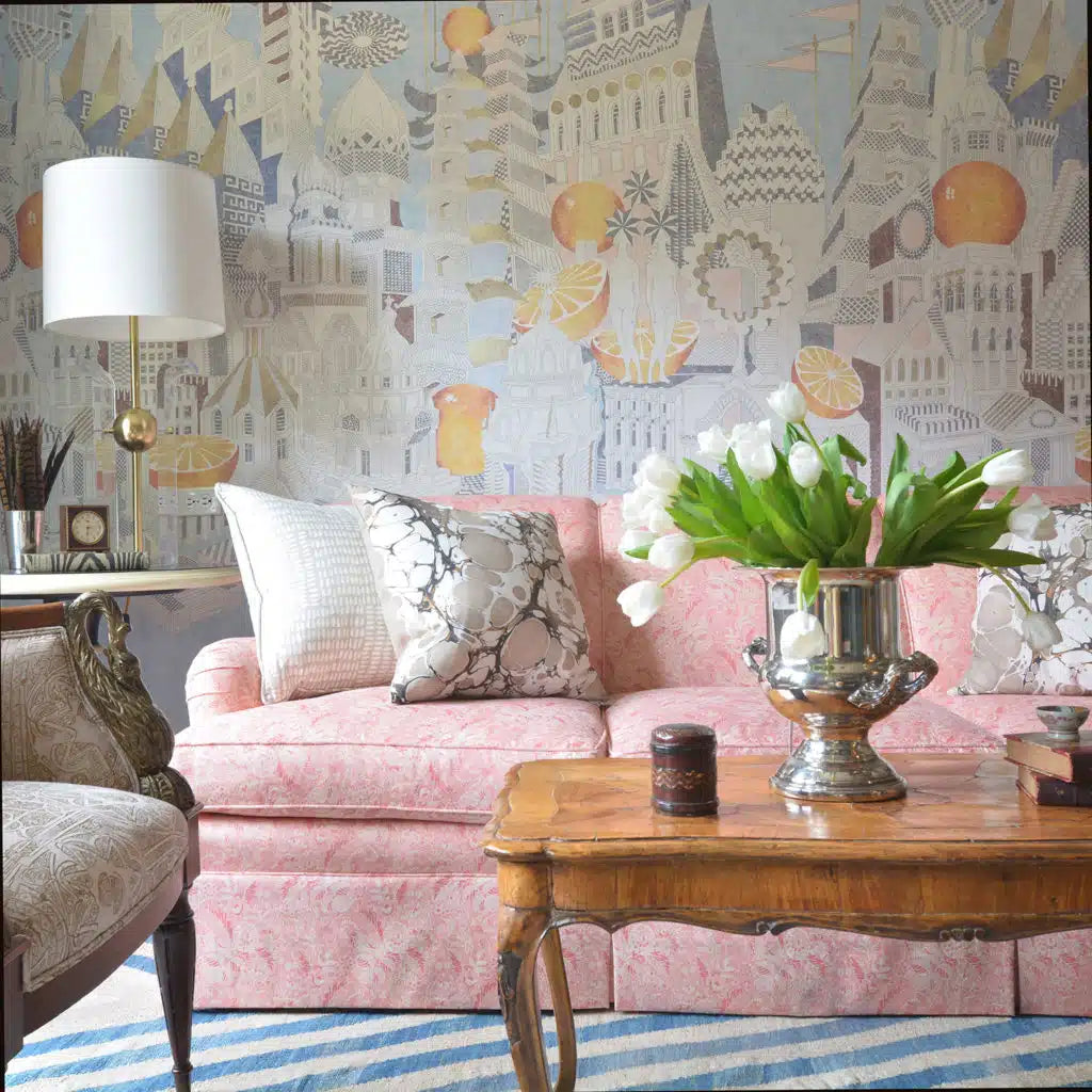 Kate-Taylor-Collective-Jennifer-Shorto-Pink-City-Wallpaper-Living-Room